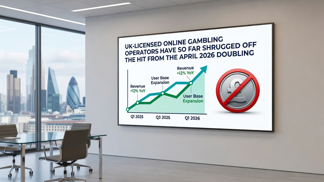 Gambling commission office interior with regulatory reports and fee structure documents