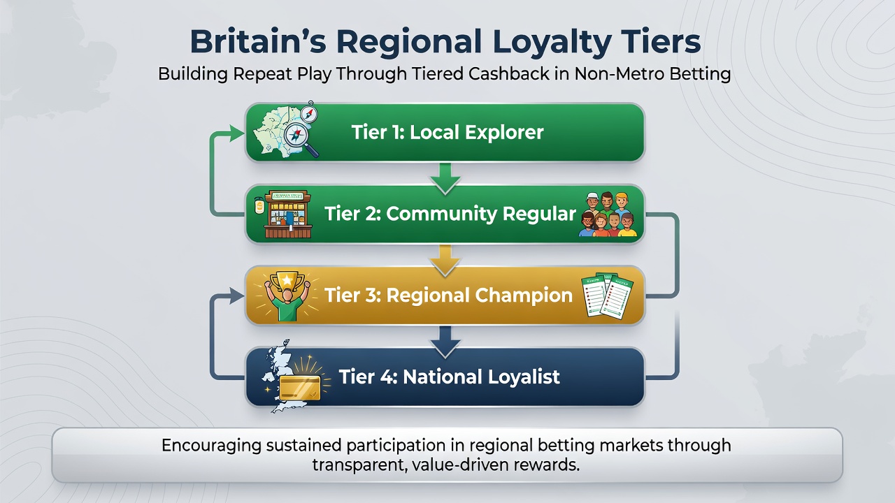 Regional betting venue with players reviewing loyalty tier progress on mobile devices