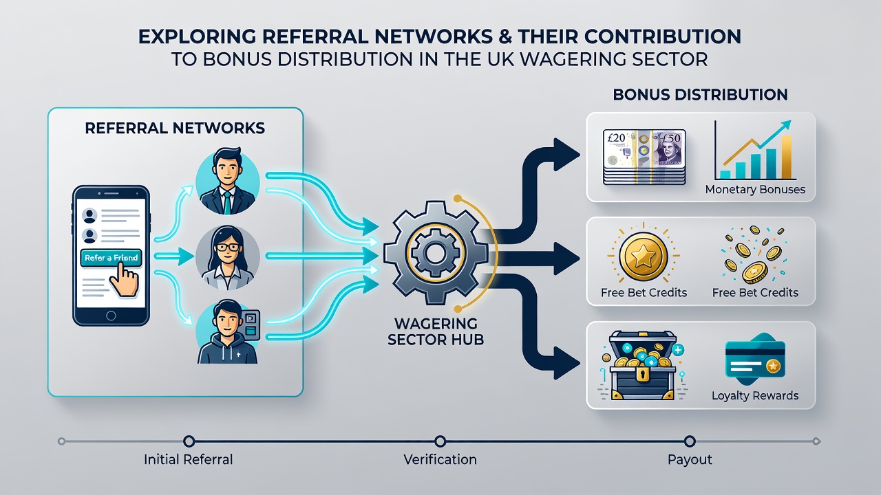 Network graph illustrating bonus distribution paths from referral activity in the UK wagering market