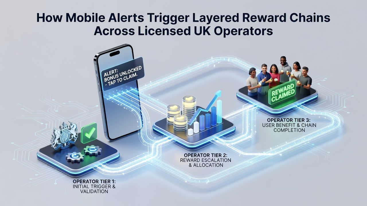 Illustration of interconnected mobile alert icons linking bonus tiers in UK gambling applications