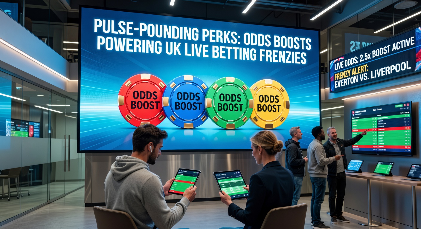 Close-up of a bettor's phone screen displaying live odds boosts on a UK horse race, with timers ticking down amid cheering crowds
