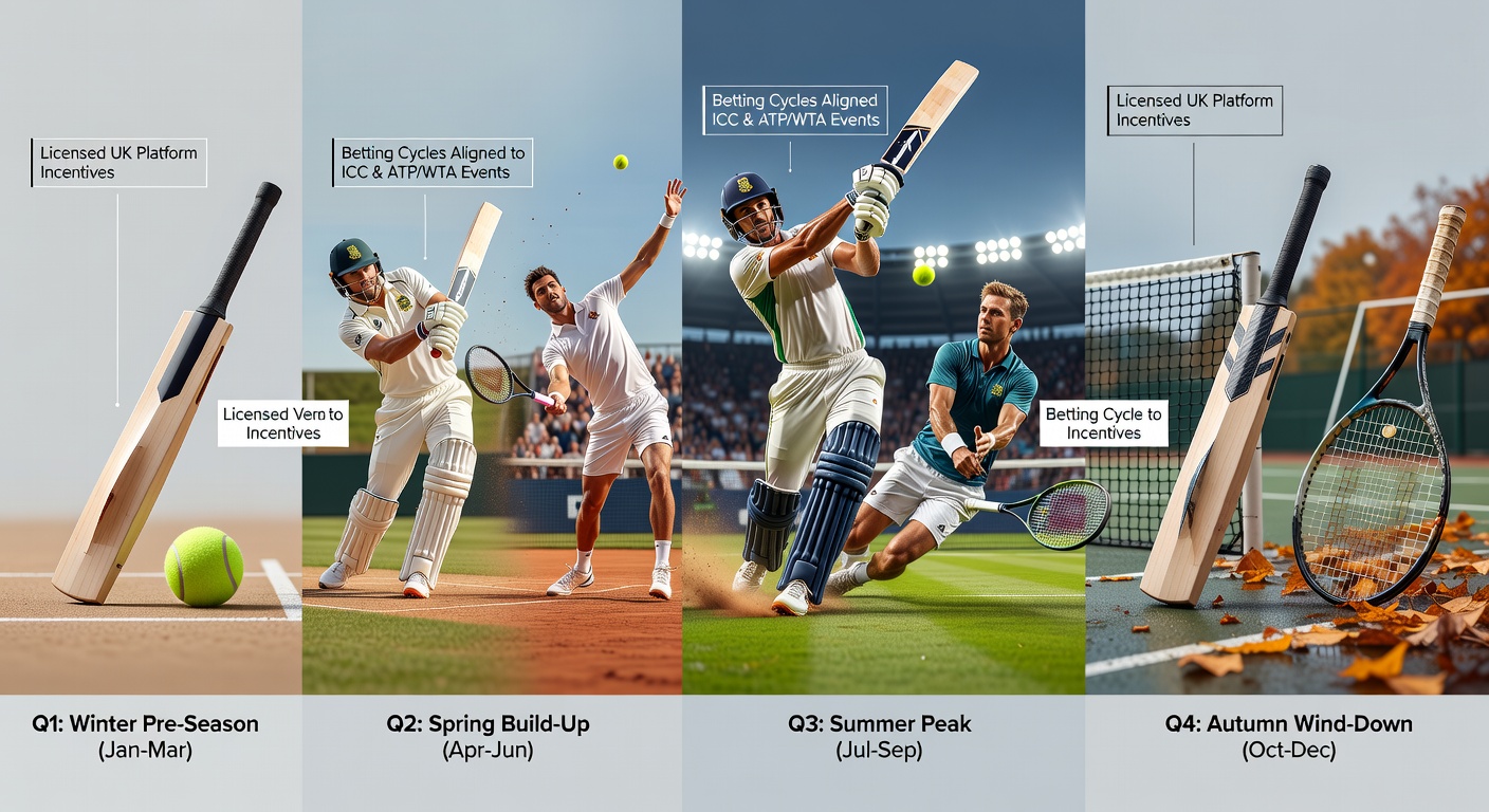 Tennis player serving during a Grand Slam event with promotional graphics indicating seasonal betting cycles